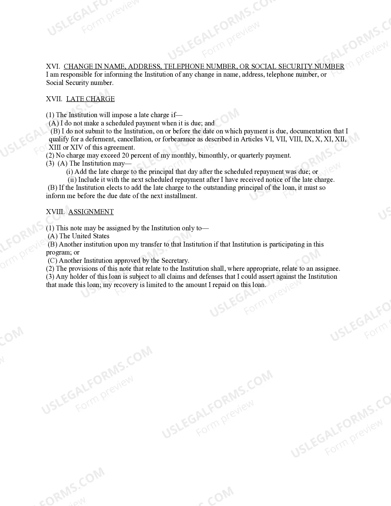 Preview Supplemental Promissory Note for College Loan Program