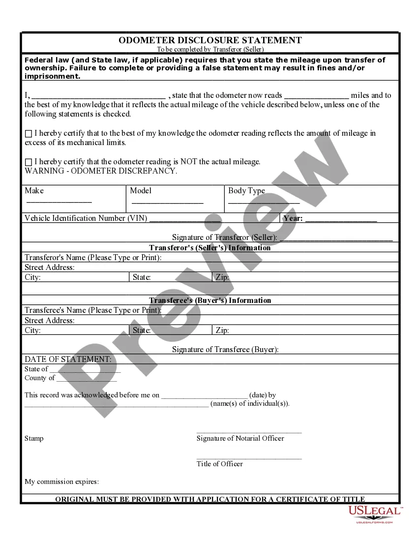 Get Bill of Sale of Automobile and Odometer Statement Preview Bill of Sale of Automobile and Odometer Statement