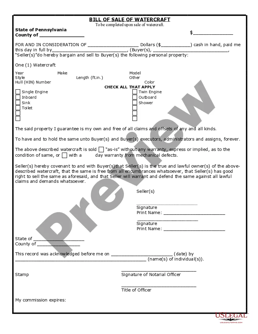Preview Bill of Sale for WaterCraft or Boat