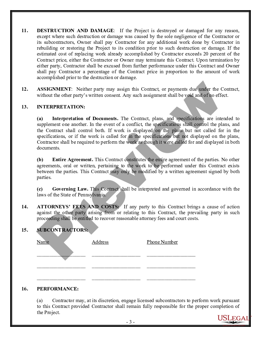 Pennsylvania Commercial Contract for Contractor Pa Commercial Form