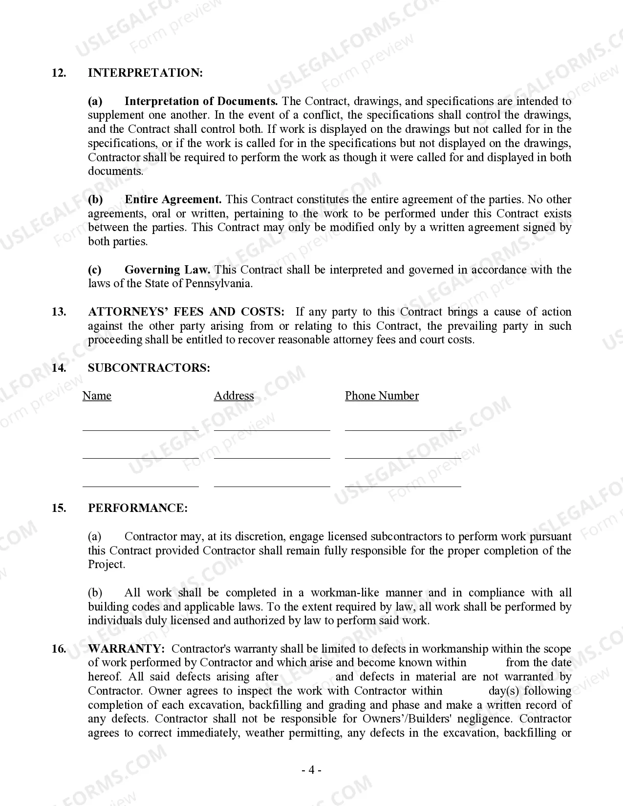 Preview Excavator Contract for Contractor