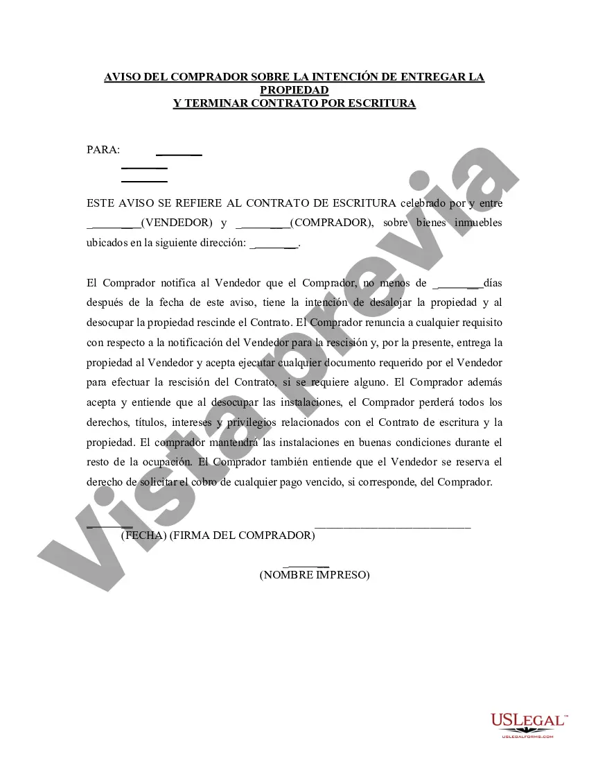 Preview Aviso del Comprador sobre la Intención de Desalojar y Entregar la Propiedad al Vendedor bajo el Contrato de Escritura