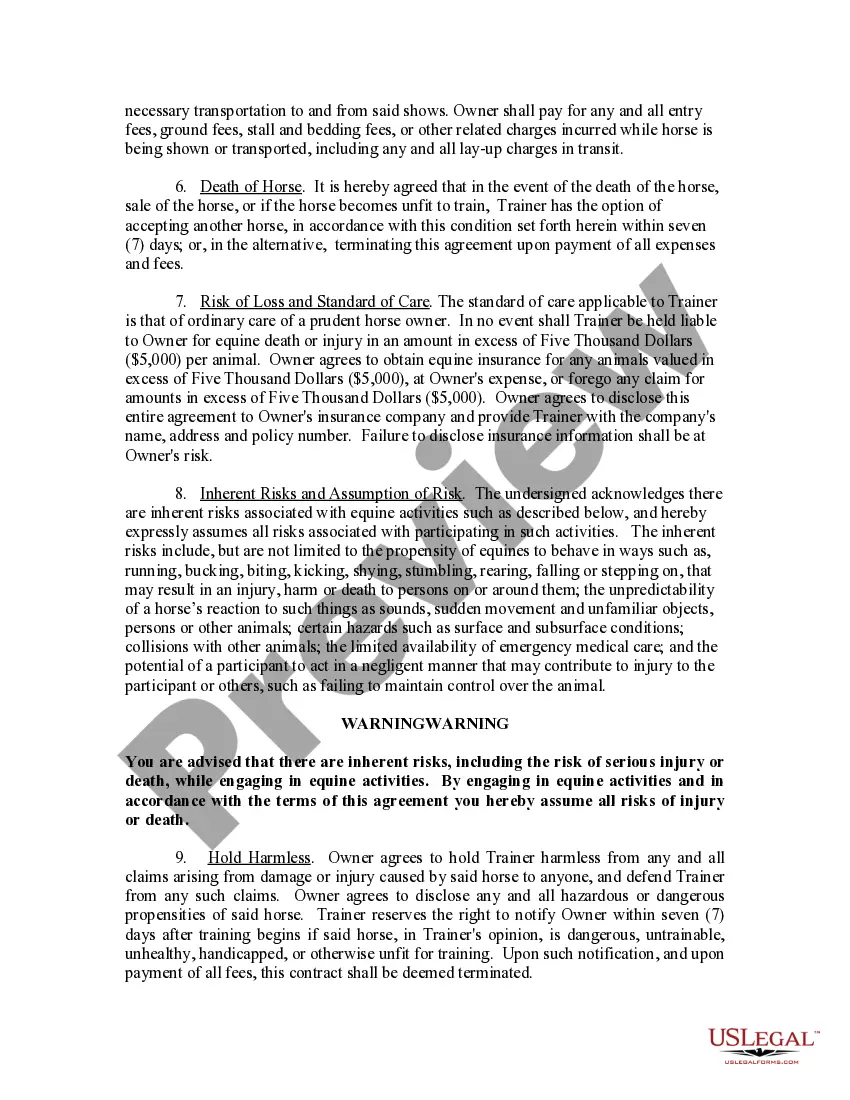 Preview Contract to Train Horse at Owner's Stable