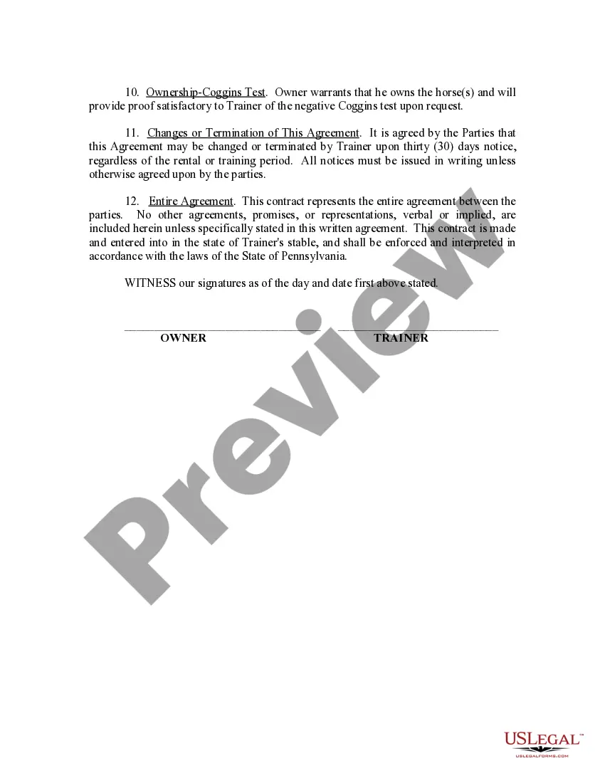 Preview Contract to Train Horse at Owner's Stable