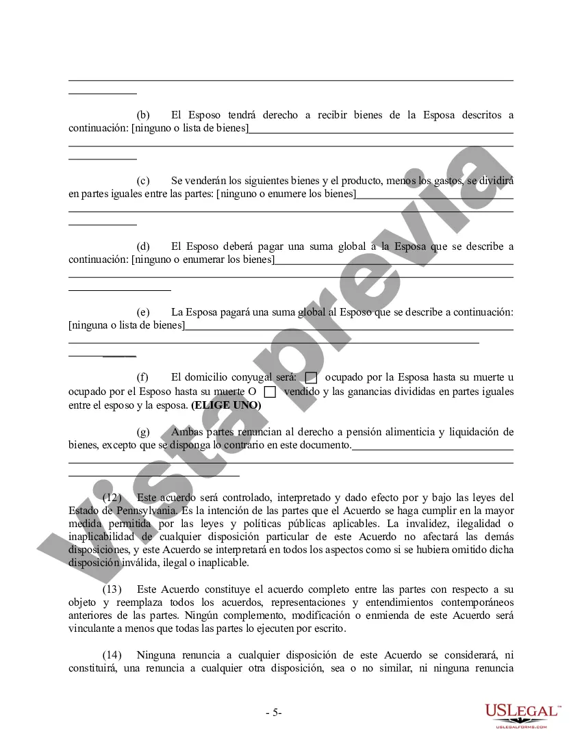 Preview Acuerdo prematrimonial prenupcial de Pensilvania con estados financieros