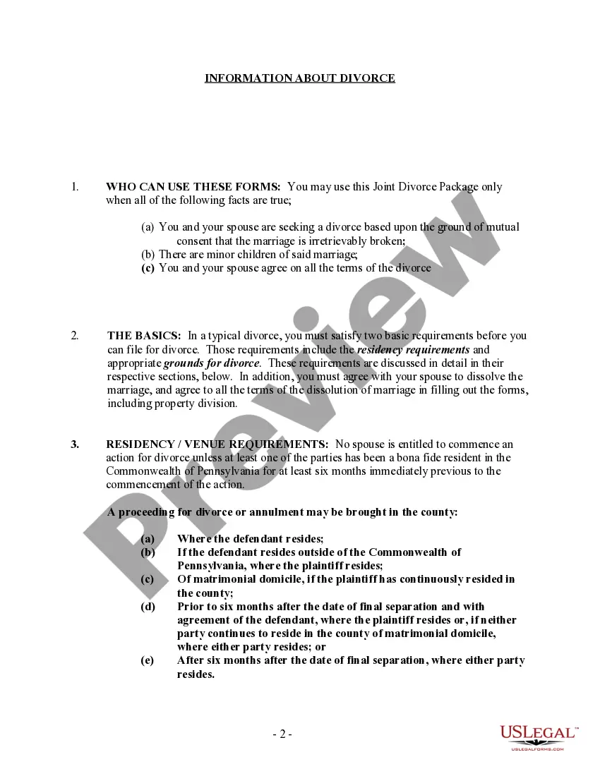 Get Pennsylvania No-Fault Agreed Uncontested Divorce Package for Dissolution of Marriage for people with Minor Children Preview Pennsylvania No-Fault Agreed Uncontested Divorce Package for Dissolution of Marriage for people with Minor Children