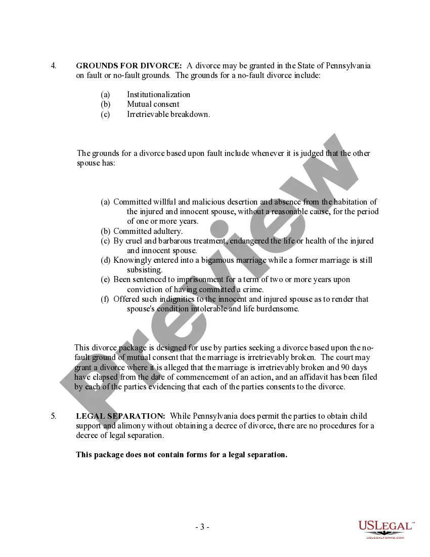 Get Pennsylvania No-Fault Agreed Uncontested Divorce Package for Dissolution of Marriage for people with Minor Children Preview Pennsylvania No-Fault Agreed Uncontested Divorce Package for Dissolution of Marriage for people with Minor Children