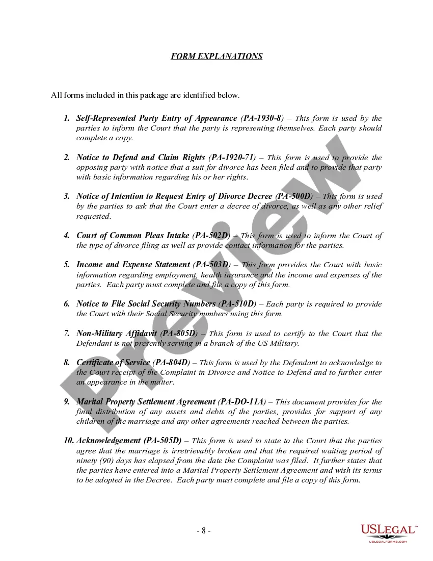 Get Pennsylvania No-Fault Agreed Uncontested Divorce Package for Dissolution of Marriage for people with Minor Children Preview Pennsylvania No-Fault Agreed Uncontested Divorce Package for Dissolution of Marriage for people with Minor Children