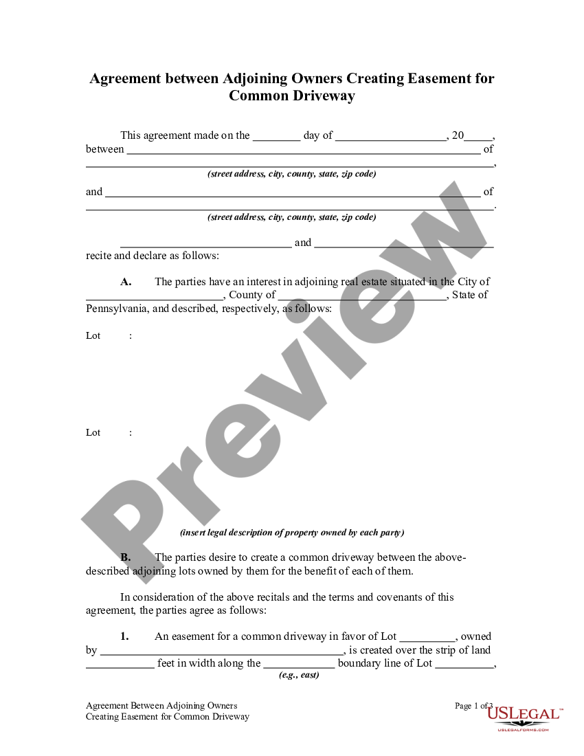 Pennsylvania agreement between adjoining owners creating easement for