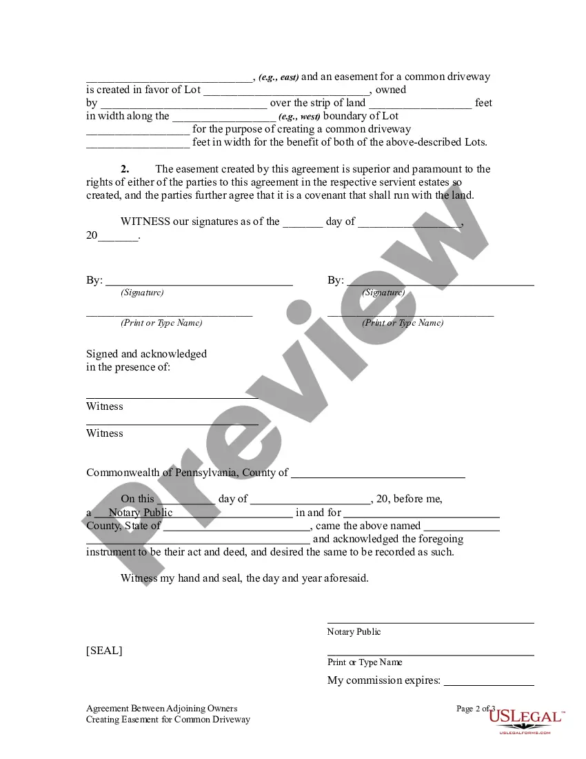 Preview Agreement between Adjoining Owners Creating Easement for Common Driveway