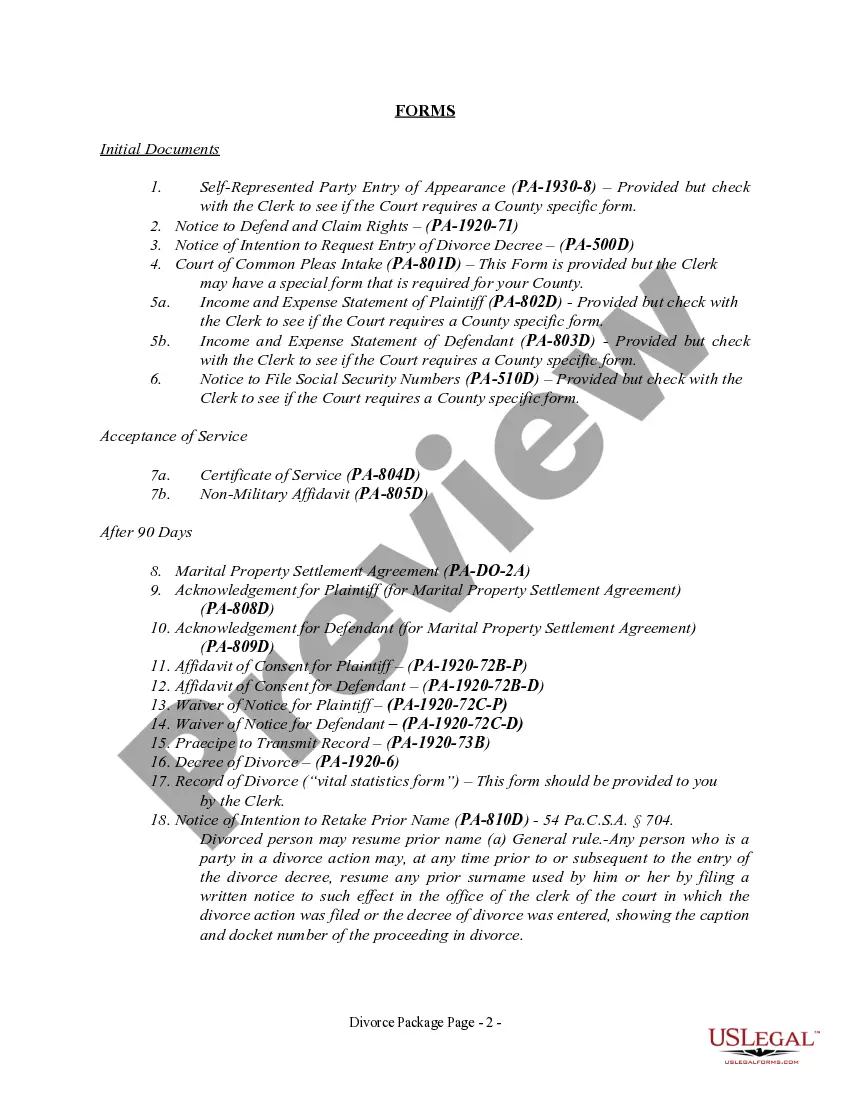 Get Pennsylvania No-Fault Agreed Uncontested Divorce Package for Dissolution of Marriage for Persons with No Children with or without Property and Debts Preview Pennsylvania No-Fault Agreed Uncontested Divorce Package for Dissolution of Marriage for Persons with No Children with or without Property and Debts
