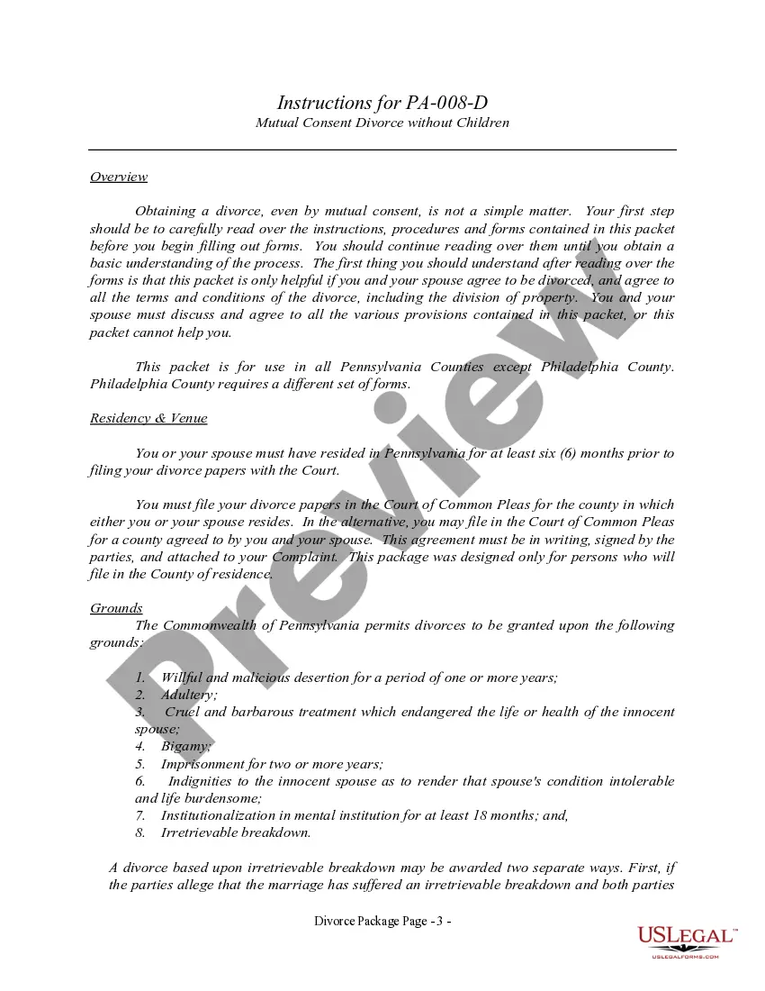 Get Pennsylvania No-Fault Agreed Uncontested Divorce Package for Dissolution of Marriage for Persons with No Children with or without Property and Debts Preview Pennsylvania No-Fault Agreed Uncontested Divorce Package for Dissolution of Marriage for Persons with No Children with or without Property and Debts