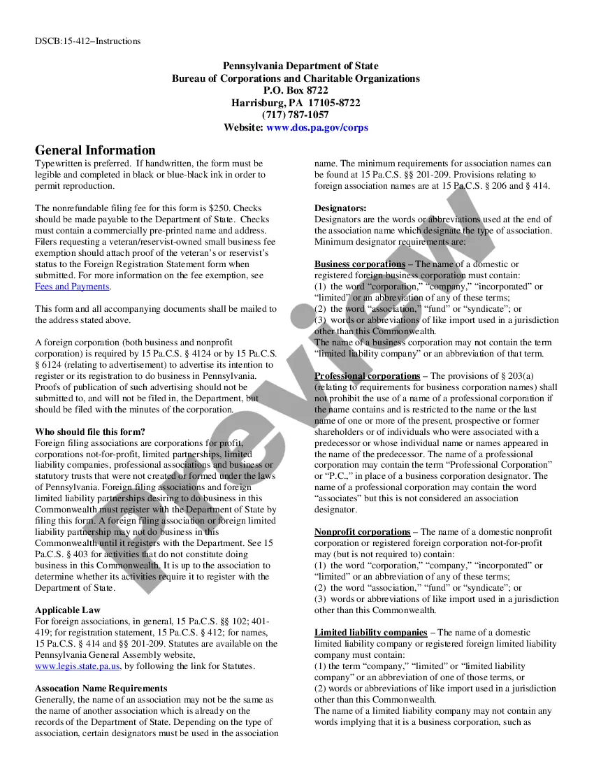Preview Pennsylvania Registration of Foreign Corporation