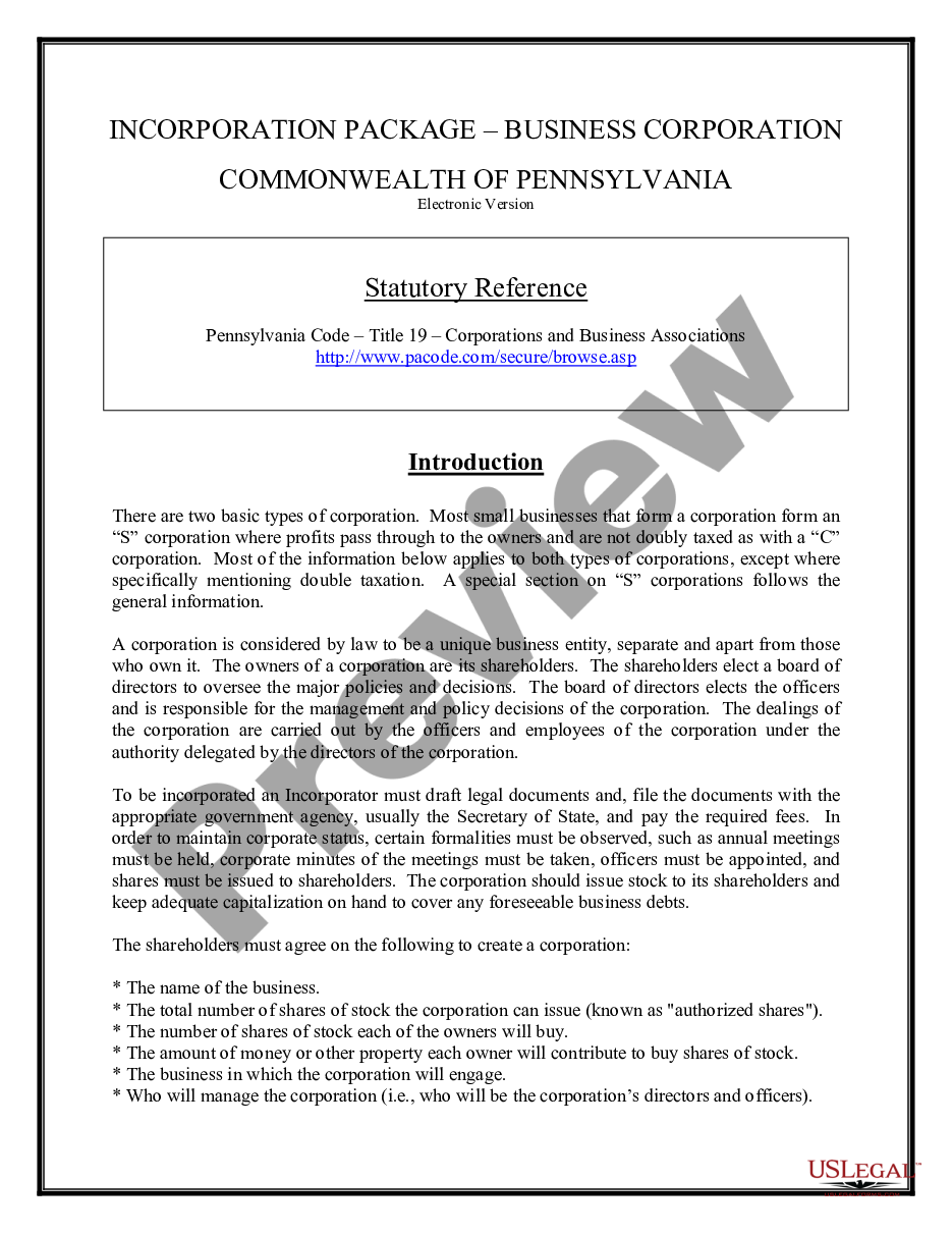 page 1 Pennsylvania Business Incorporation Package to Incorporate Corporation preview