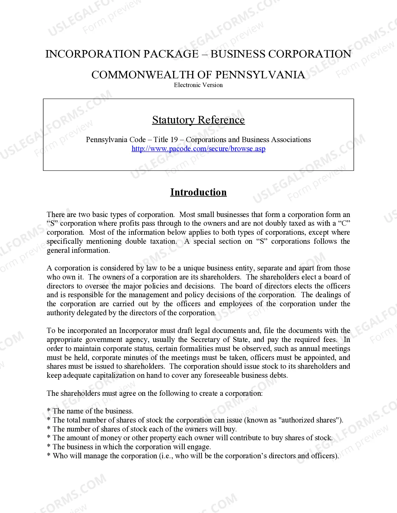 Preview Pennsylvania Business Incorporation Package to Incorporate Corporation