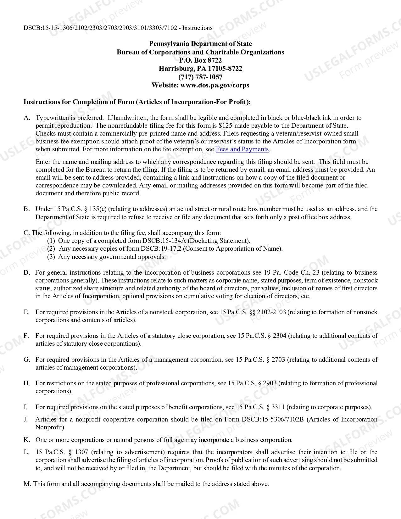 Preview Pennsylvania Articles of Incorporation for Domestic For-Profit Corporation