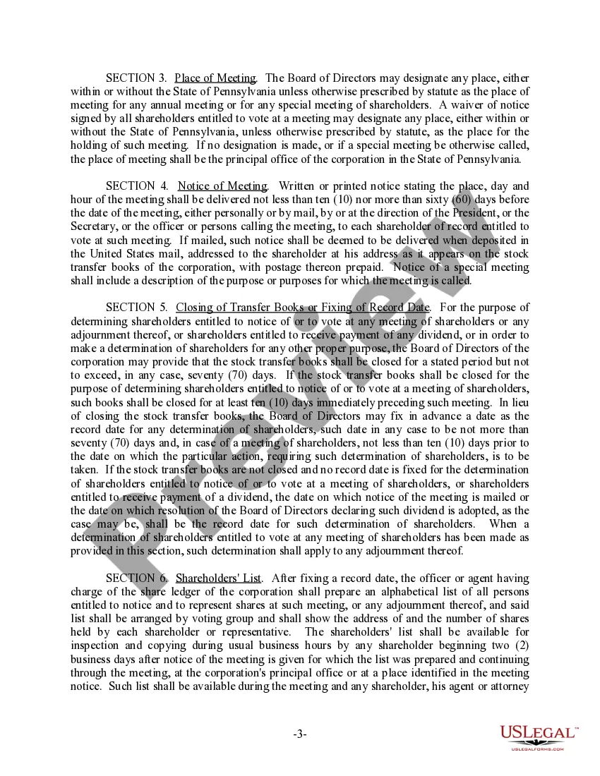 Preview Pennsylvania Bylaws for Corporation