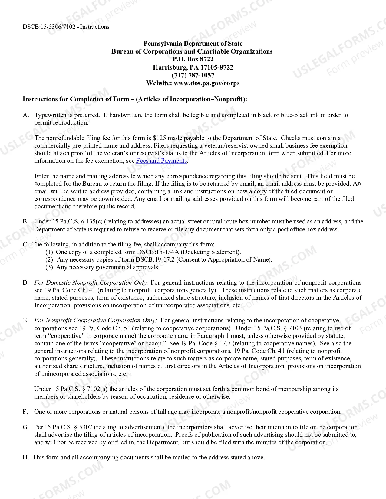 Preview Pennsylvania Articles of Incorporation for Domestic Nonprofit Corporation