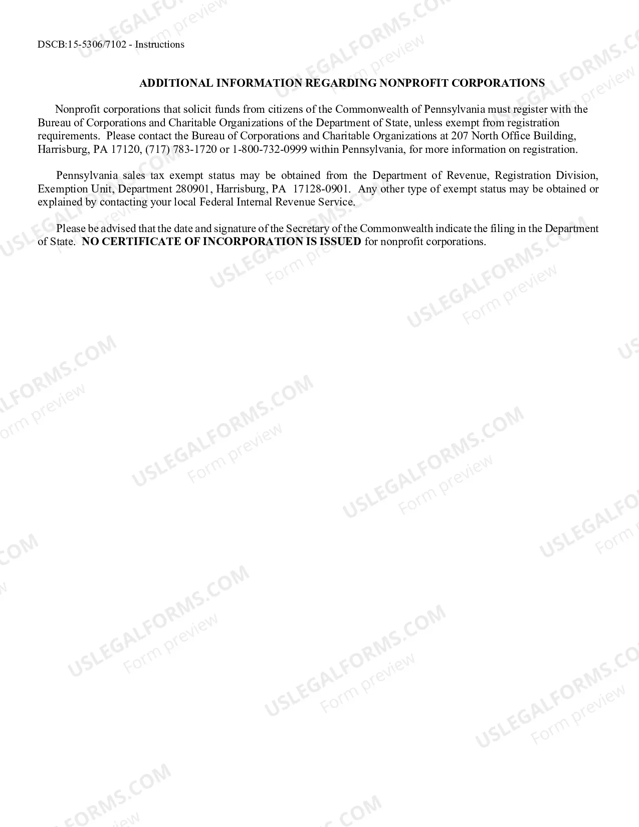Preview Pennsylvania Articles of Incorporation for Domestic Nonprofit Corporation