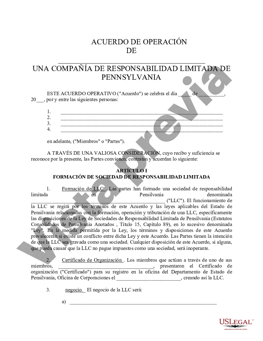 Preview Acuerdo Operativo de Sociedad de Responsabilidad Limitada LLC