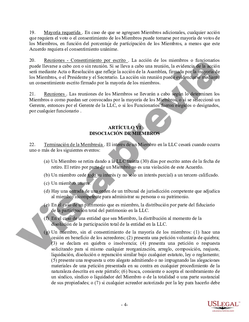 Preview Acuerdo Operativo LLC de Sociedad de Responsabilidad Limitada de Miembro Único