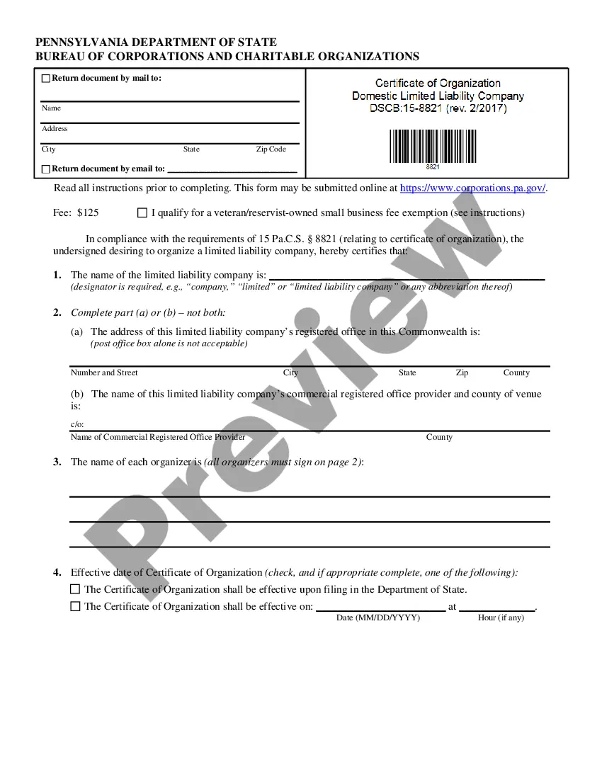 Preview Pennsylvania Certificate of Formation for Domestic Limited Liability Company LLC