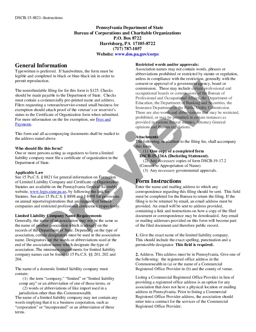 Preview Pennsylvania Certificate of Formation for Domestic Limited Liability Company LLC