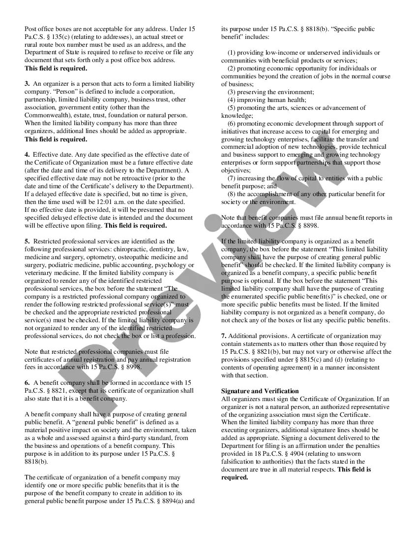 Preview Pennsylvania Certificate of Formation for Domestic Limited Liability Company LLC