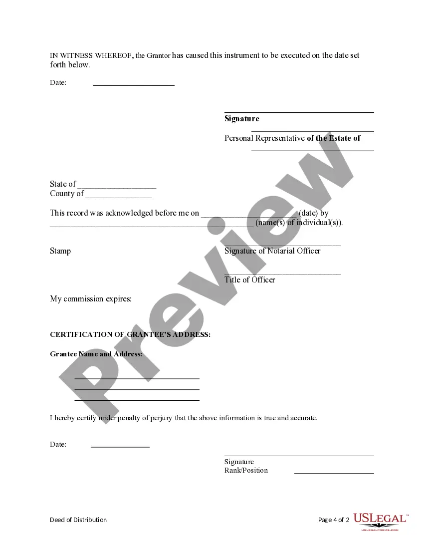 Get Deed of Distribution - Executor / Personal Representative to Individual Preview Deed of Distribution - Executor / Personal Representative to Individual