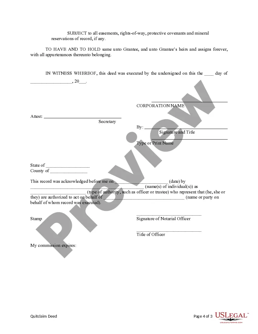 Preview Quitclaim Deed from Corporation to Corporation