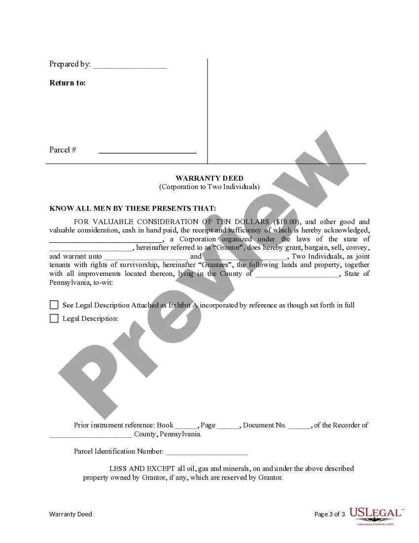 Get Warranty Deed from Corporation to Two Individuals Preview Warranty Deed from Corporation to Two Individuals