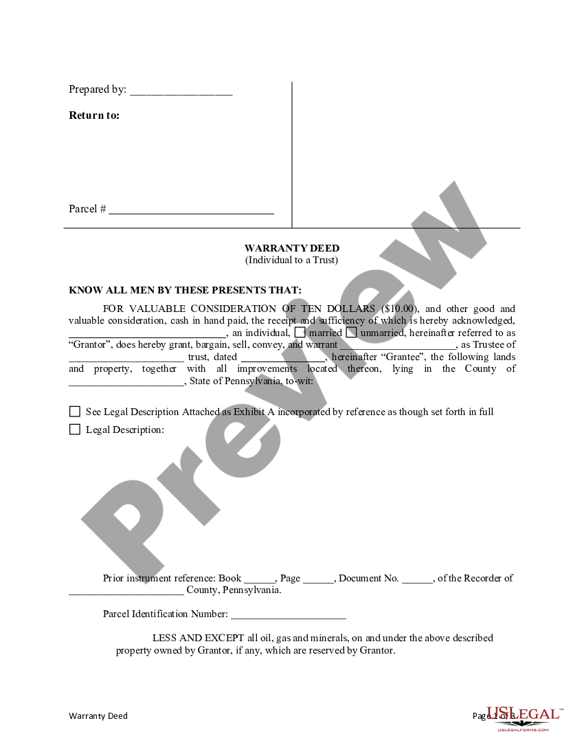 Pennsylvania Warranty Deed from Individual to a Trust - Warranty Deed ...