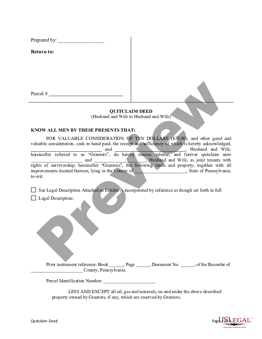 Pennsylvania Quitclaim Deed From Husband And Wife To Husband And Wife Quitclaim Deed Pa Us 2271