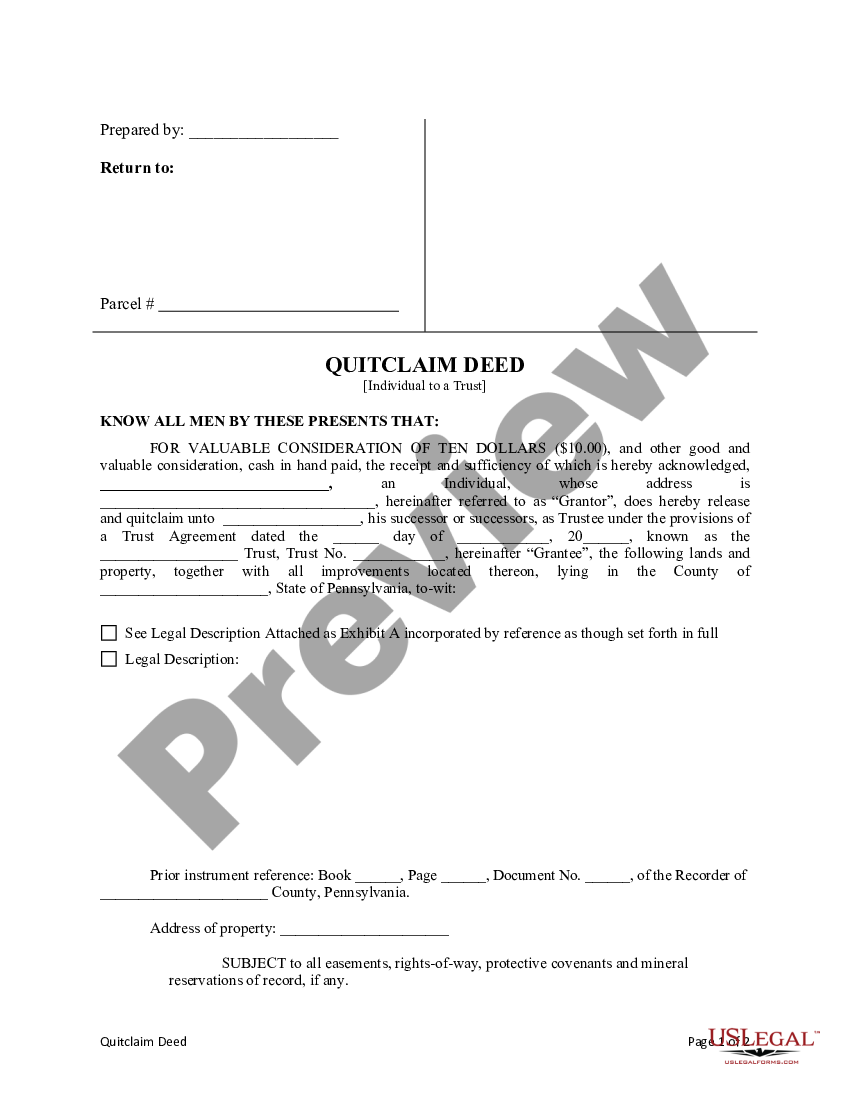Pennsylvania Quitclaim Deed Individual To A Trust Us Legal Forms 8533