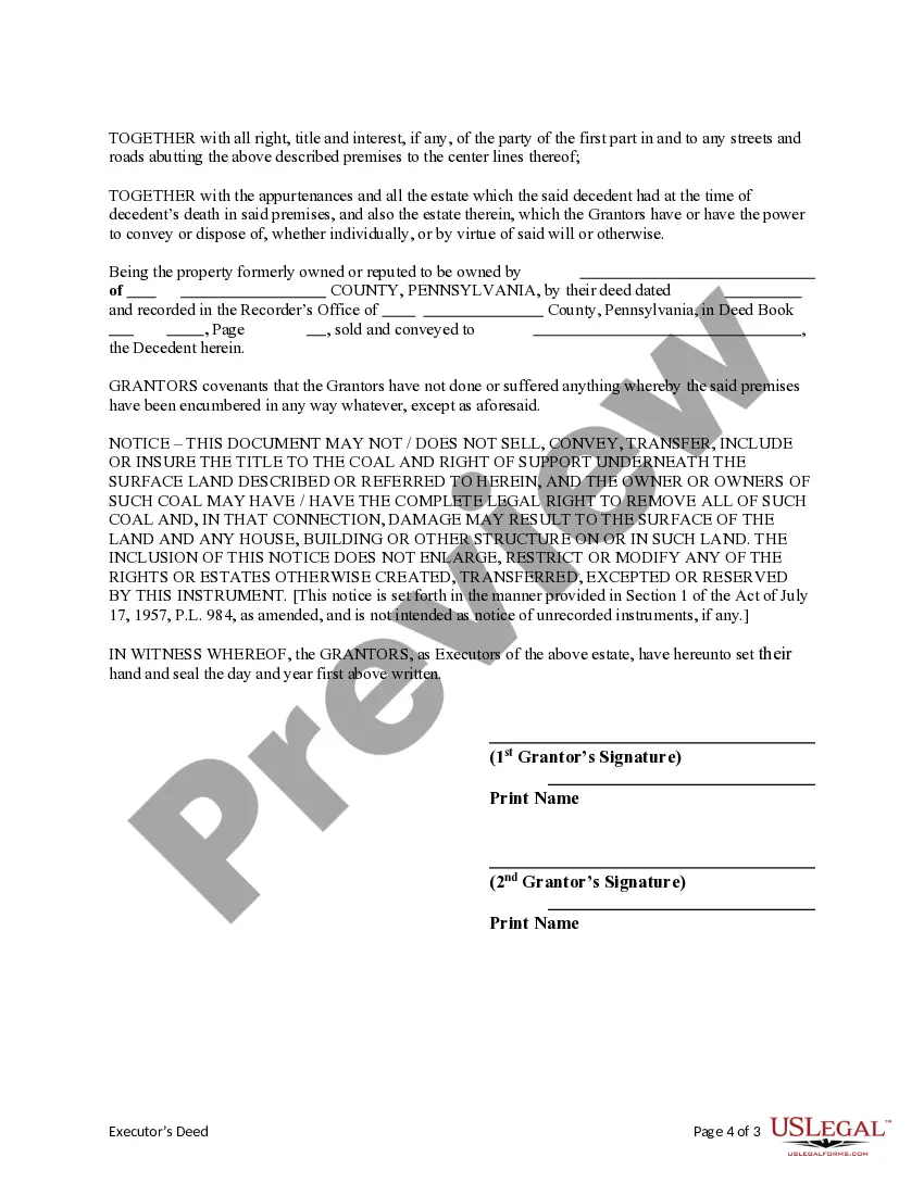 Preview Executor's Deed - Co-Executors to Two or More Grantees