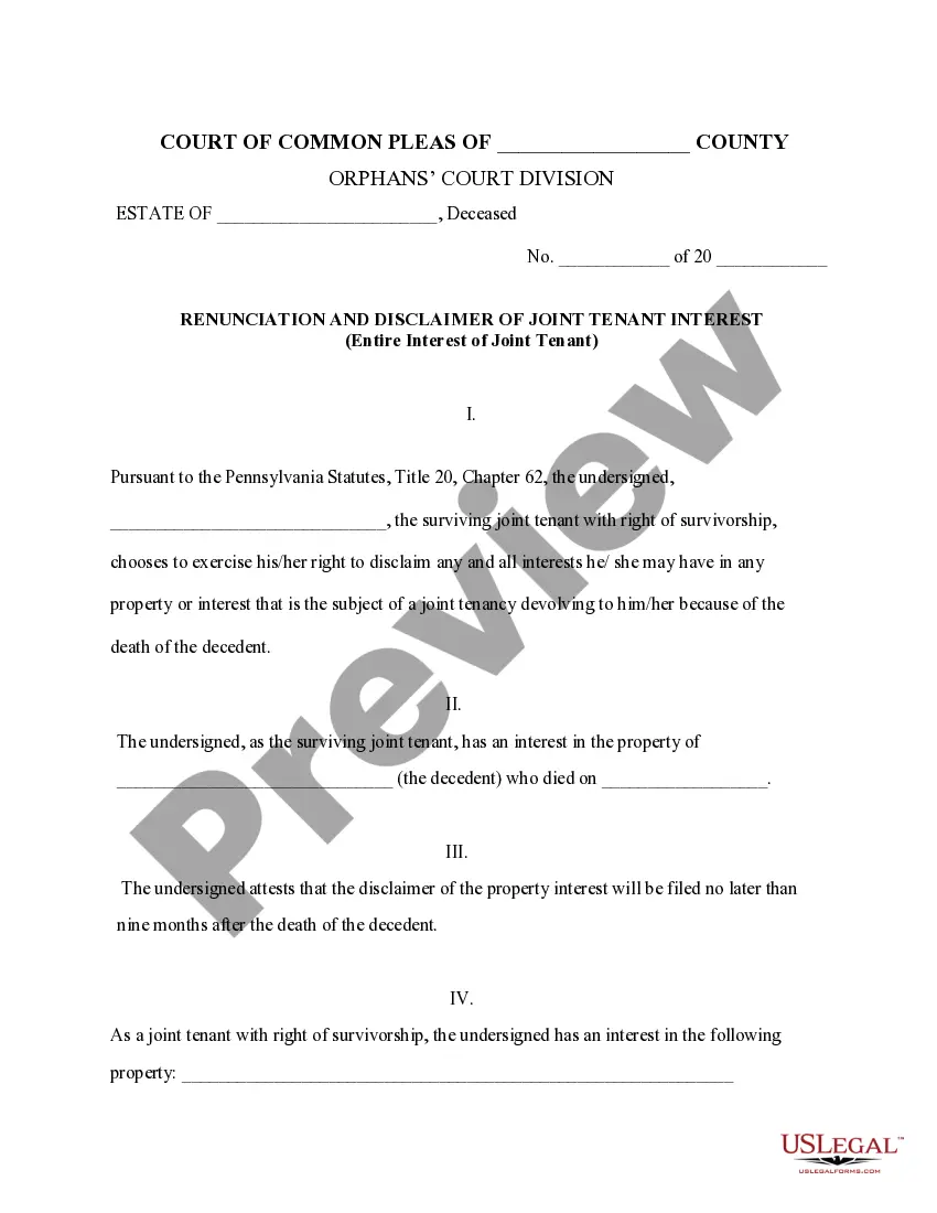 Get Renunciation And Disclaimer of Joint Tenant or Tenancy Interest Preview Renunciation And Disclaimer of Joint Tenant or Tenancy Interest