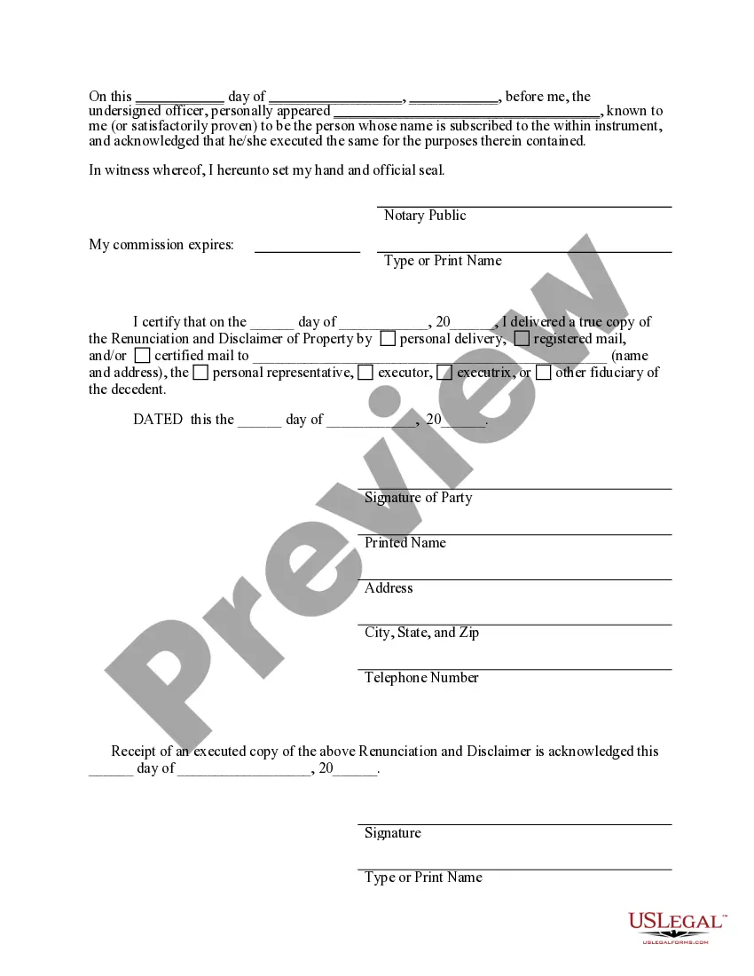 Get Renunciation And Disclaimer of Joint Tenant or Tenancy Interest Preview Renunciation And Disclaimer of Joint Tenant or Tenancy Interest