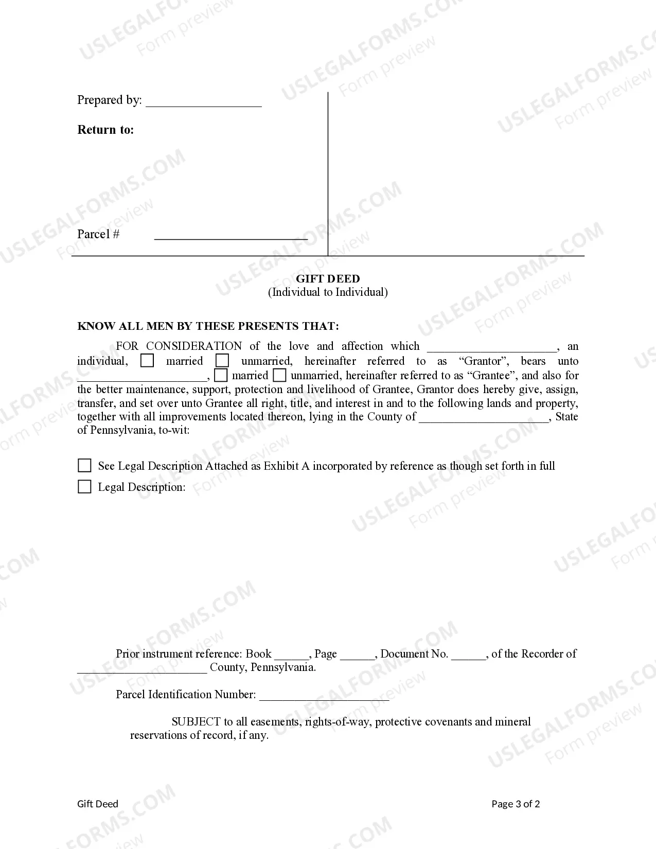 Preview Pennsylvania Gift Deed for Individual to Individual