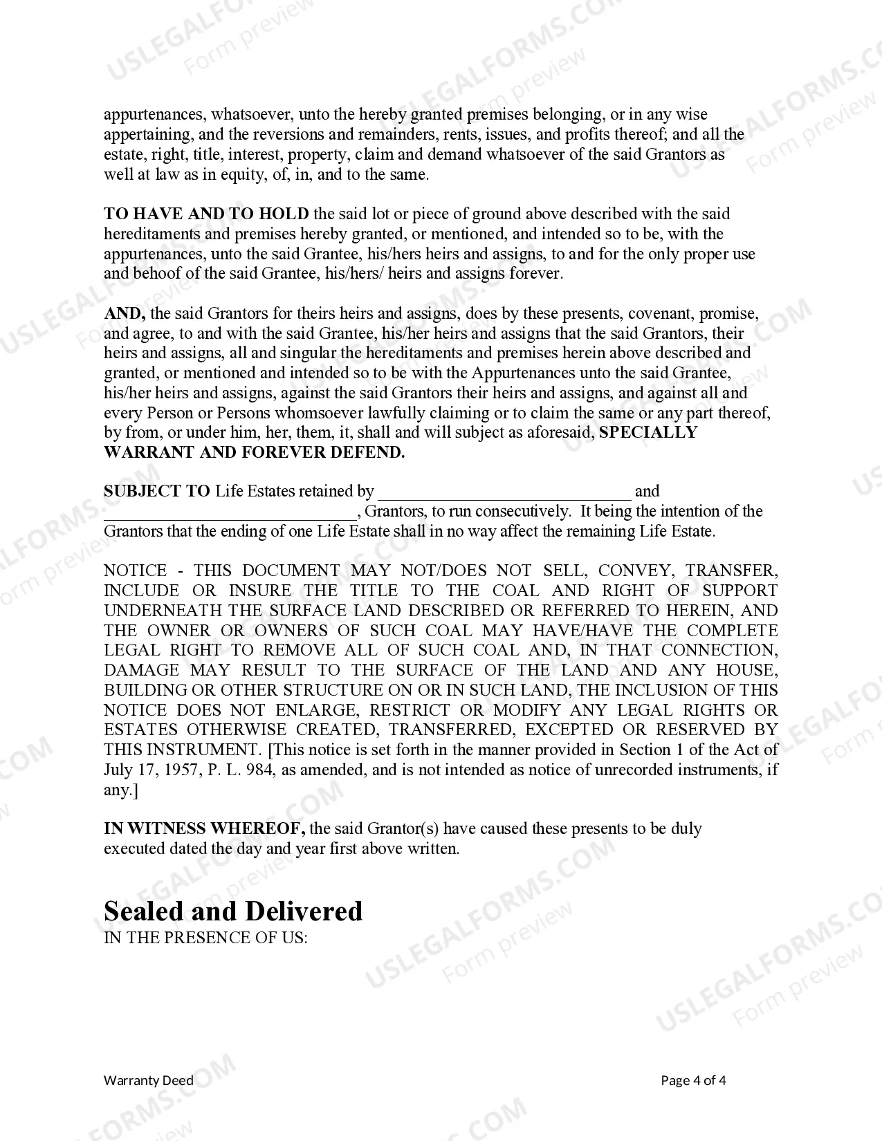 Preview Warranty Deed to Child Reserving a Life Estate in the Parents