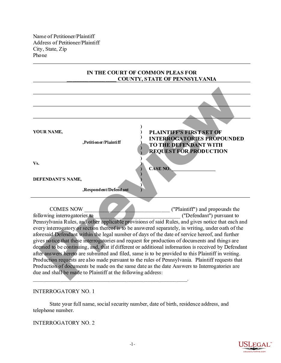 page 0 Discovery Interrogatories from Plaintiff to Defendant with Production Requests preview
