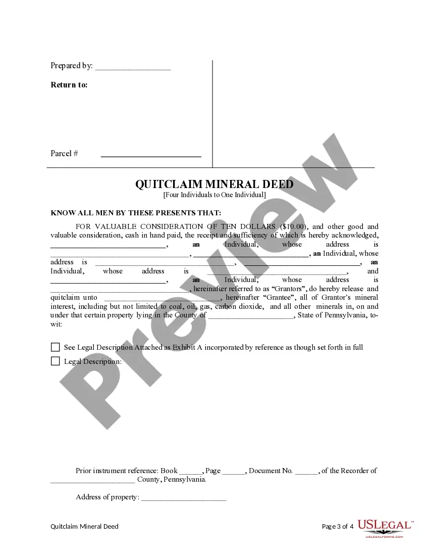 Preview Quitclaim Mineral Deed - Four Individuals to One Individual