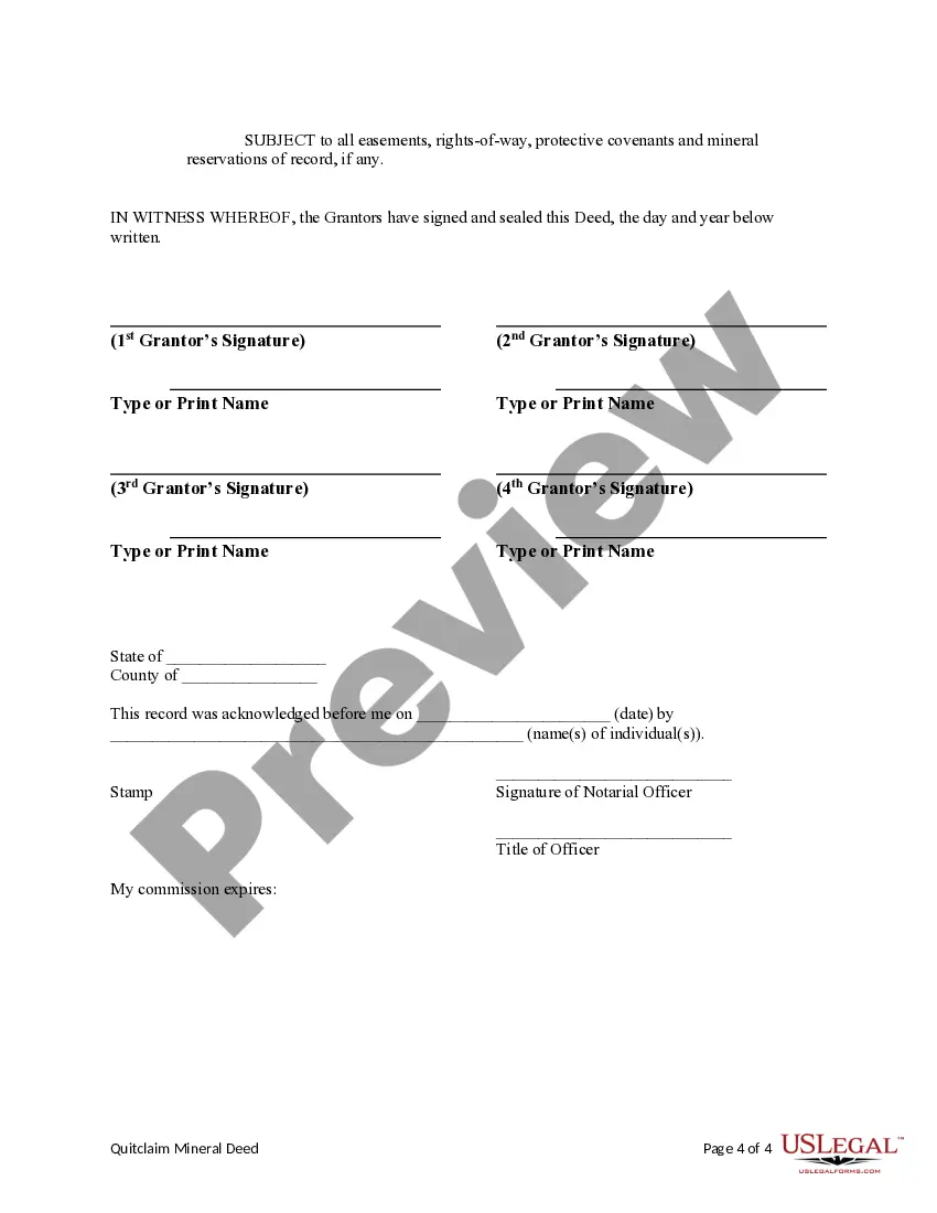 Preview Quitclaim Mineral Deed - Four Individuals to One Individual