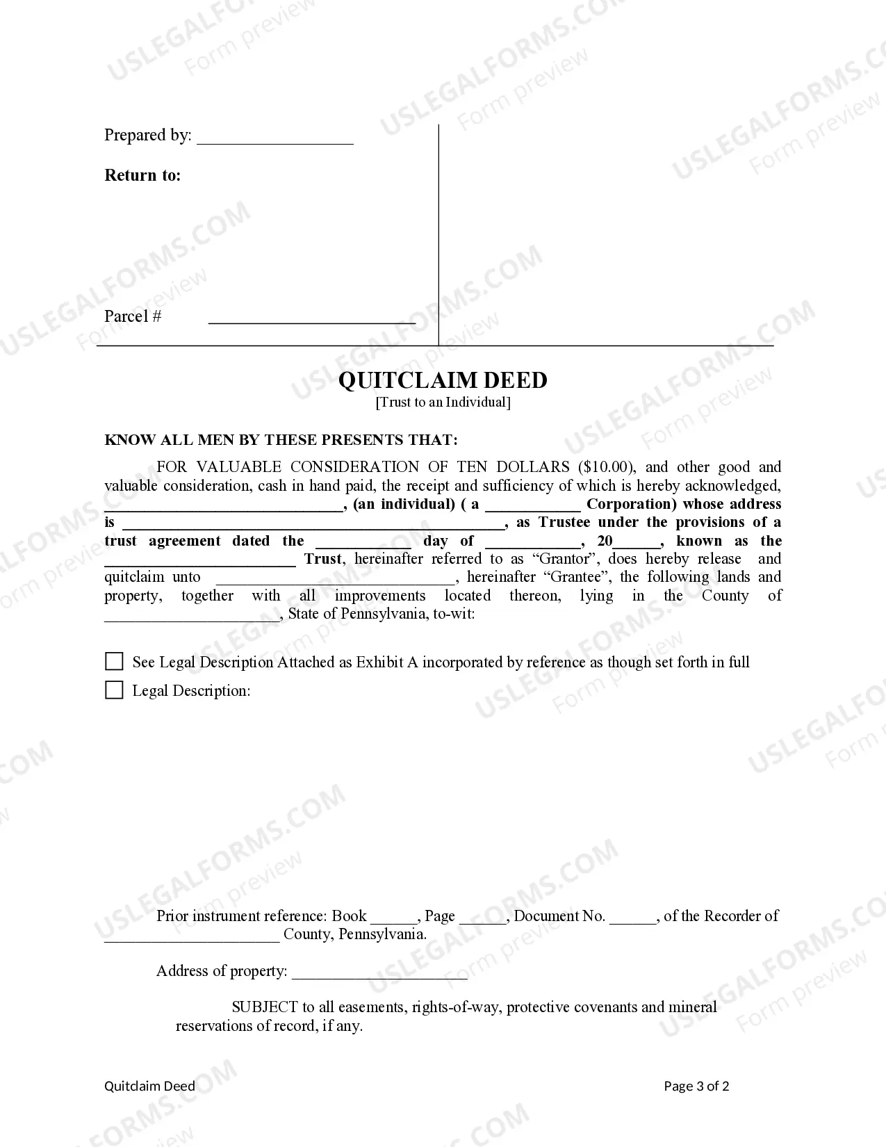 Preview Quitclaim Deed - Trust to an Individual