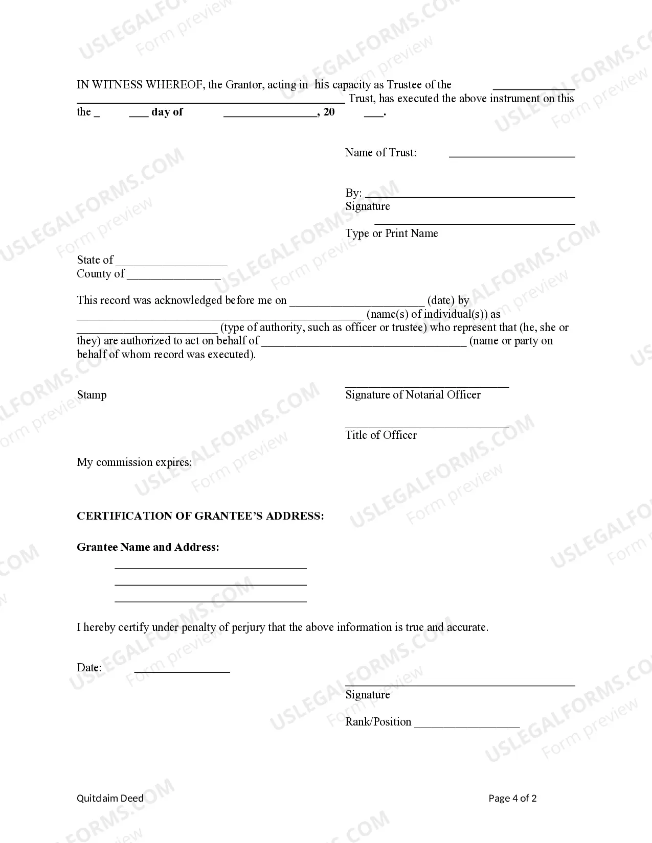 Preview Quitclaim Deed - Trust to an Individual