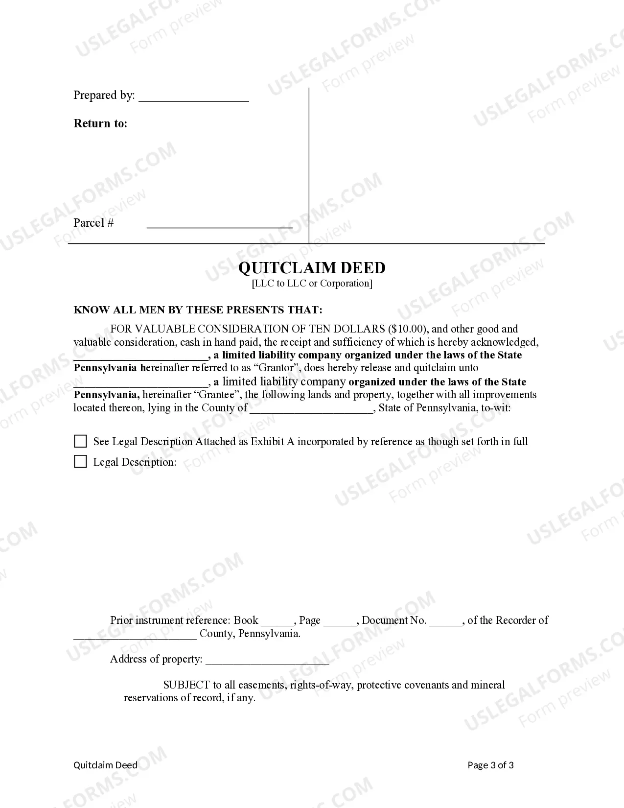 Preview Quitclaim Deed from LLC to LLC or Corporation