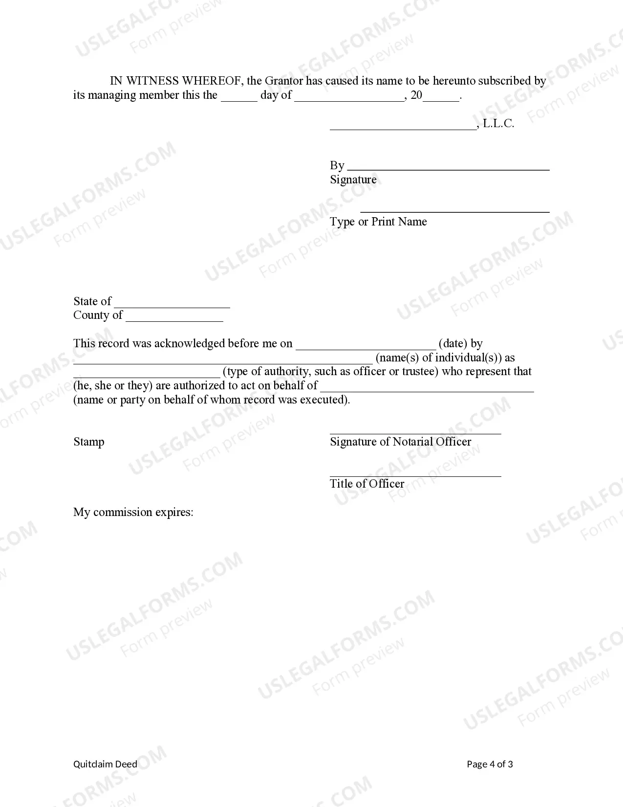 Preview Quitclaim Deed from LLC to LLC or Corporation