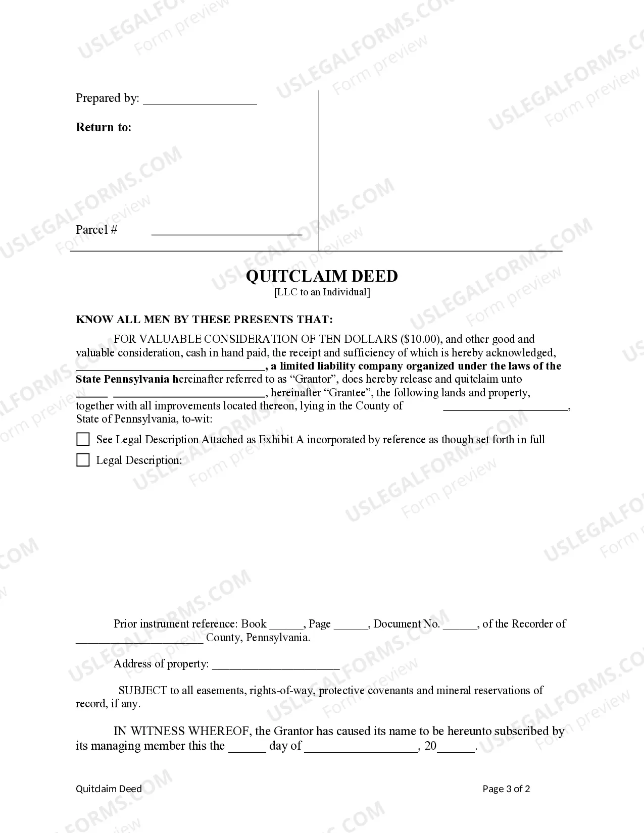 Preview Quitclaim Deed - Limited Liability Company to an Individual