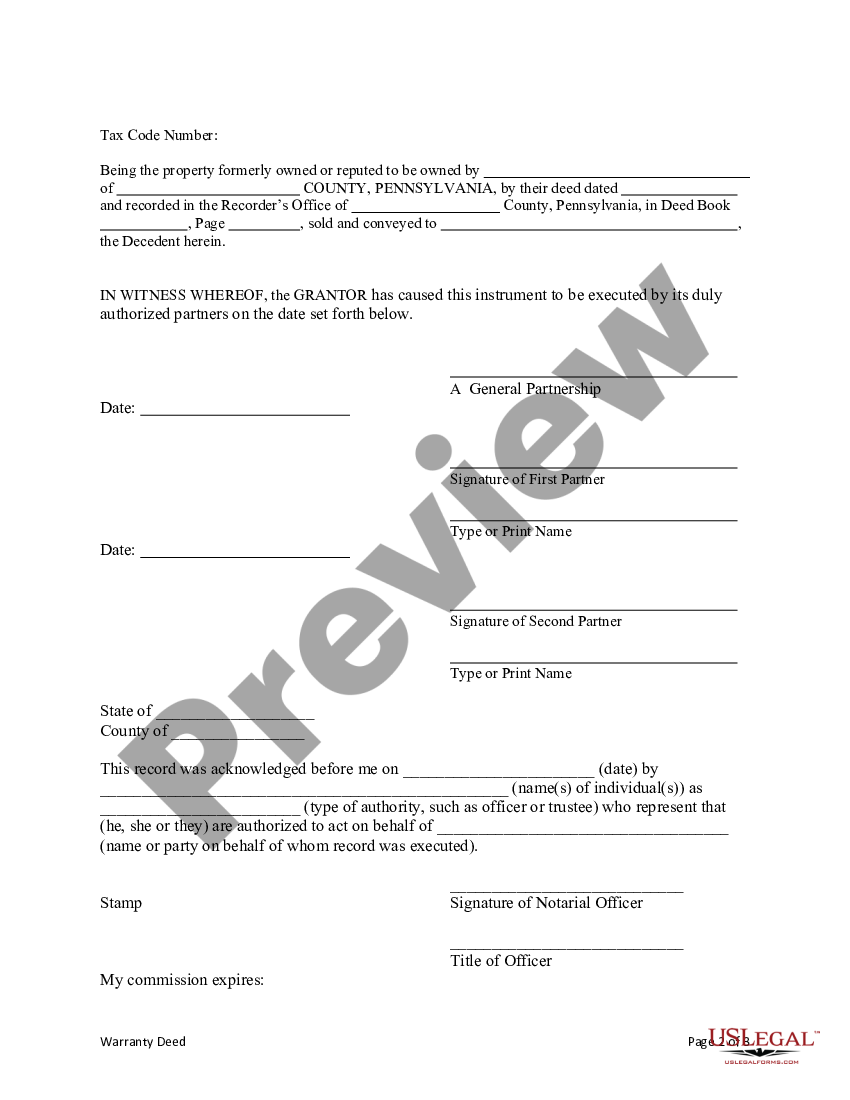 Pennsylvania Warranty Deed Partnership To Three Individuals Us Legal Forms 8183