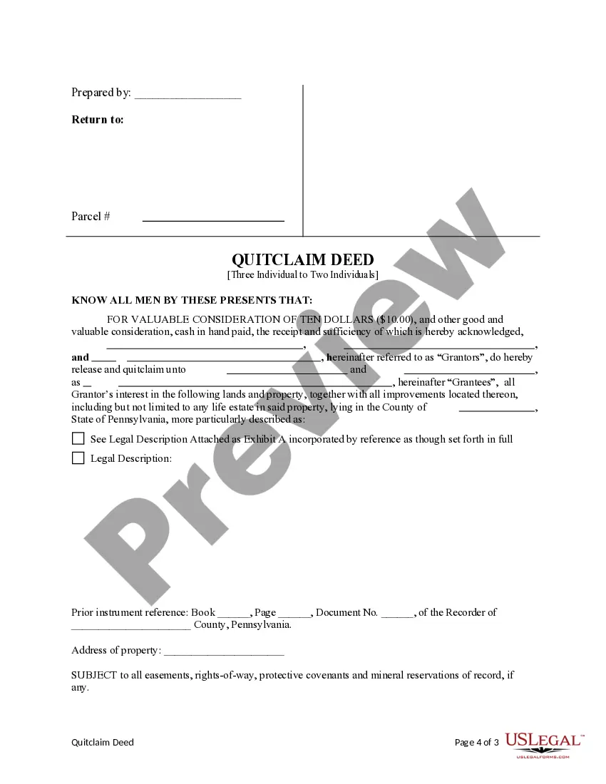 Get Quitclaim Deed - Three Individuals to Two Individuals Preview Quitclaim Deed - Three Individuals to Two Individuals