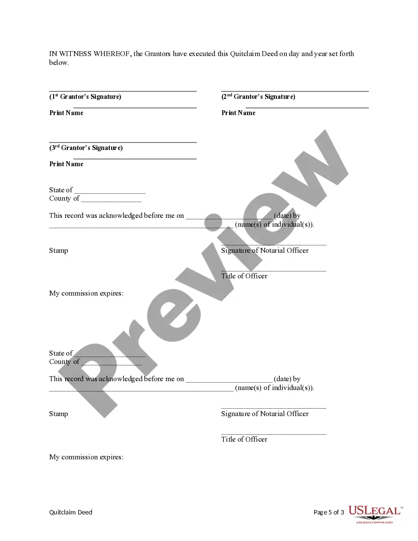 Get Quitclaim Deed - Three Individuals to Two Individuals Preview Quitclaim Deed - Three Individuals to Two Individuals